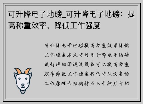 可升降电子地磅_可升降电子地磅：提高称重效率，降低工作强度