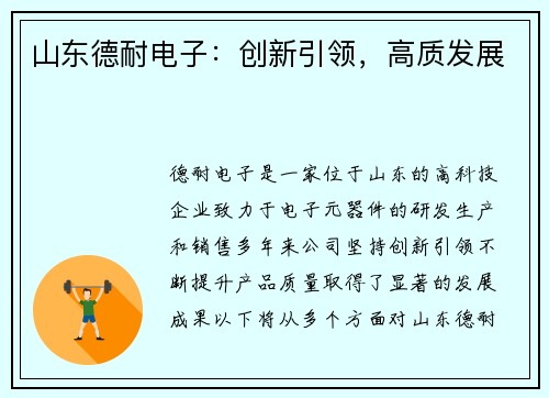 山东德耐电子：创新引领，高质发展
