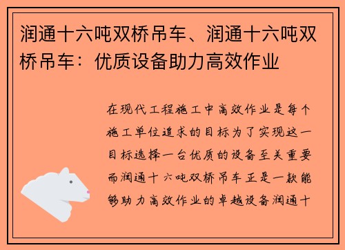 润通十六吨双桥吊车、润通十六吨双桥吊车：优质设备助力高效作业